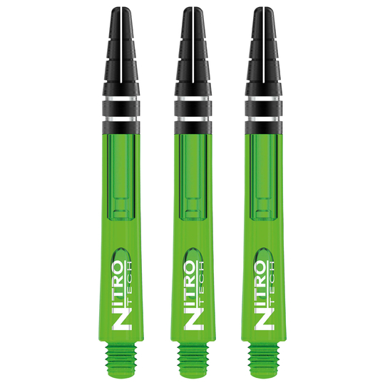 C451_Nitrotech_Medium_Green_V Das Bild zeigt drei grüne RedDragon Nitrotech Shafts. Sie sind für Dartpfeile und haben schwarze Spitzen.
