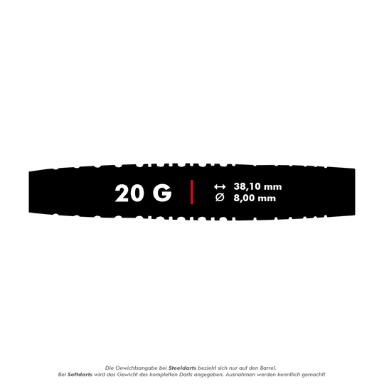 Dardos blandos Red Dragon Rifle - 20 g Das Bild zeigt die Red Dragon Rifle Softdarts mit einem Gewicht von 20 Gramm. Die Maße sind 38,10 mm Länge und 8,00 mm Durchmesser.