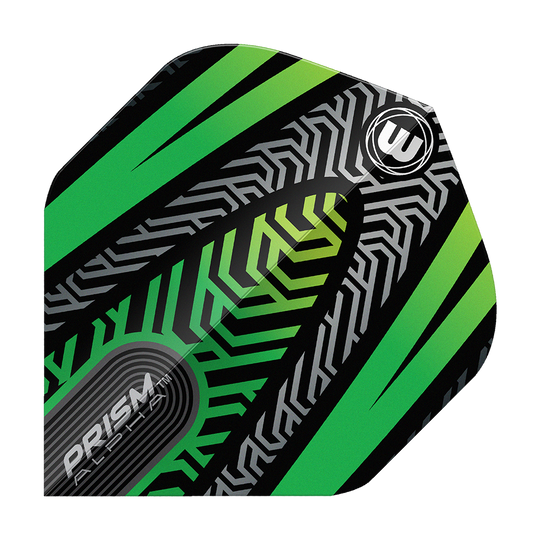 Winmau Prism Alpha Negro Verde No. 2 Vuelos Estándar Das Bild zeigt ein Winmau Prism Alpha Schwarz Grün No2 Standard Flight. Das Design ist schwarz mit grünen und silbernen Mustern sowie dem Winmau-Logo.
