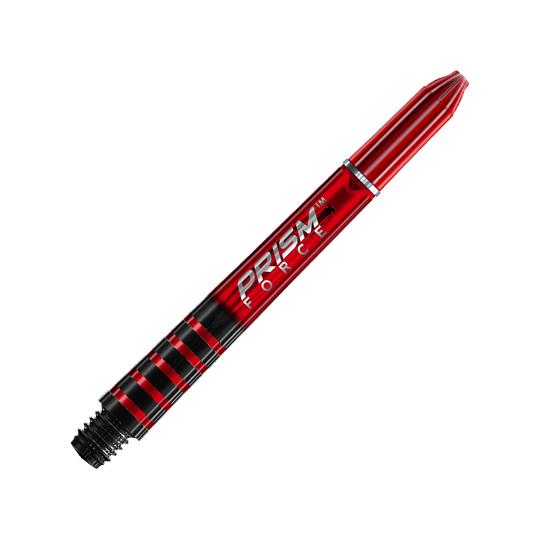 7020-404_Winmau_Prism_Force_Shafts_Rot_41mm_2 Das Bild zeigt einen roten Winmau Prism Force Shafts für Darts. Der Hintergrund ist mit schrägen, roten und weißen Streifen gestaltet.