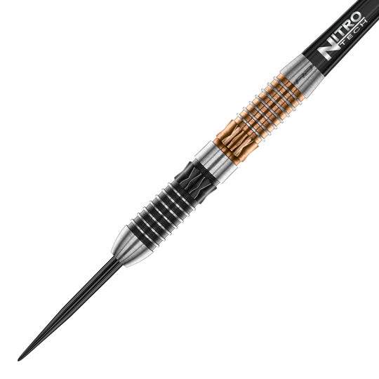 Dardos de acero Red Dragon Panterra Das Bild zeigt einen Red Dragon Panterra Steeldart. Der Dartpfeil hat ein auffälliges Design mit silbernen, schwarzen und goldenen Rillen am Barrel.