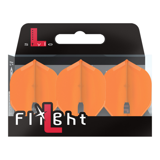 Plumas Estilo L Champán - Estándar L1PRO Auf dem Bild ist eine Packung mit drei orangefarbenen Dart-Flights zu sehen. Die Verpackung trägt die Aufschrift „L-Style Flight“.
