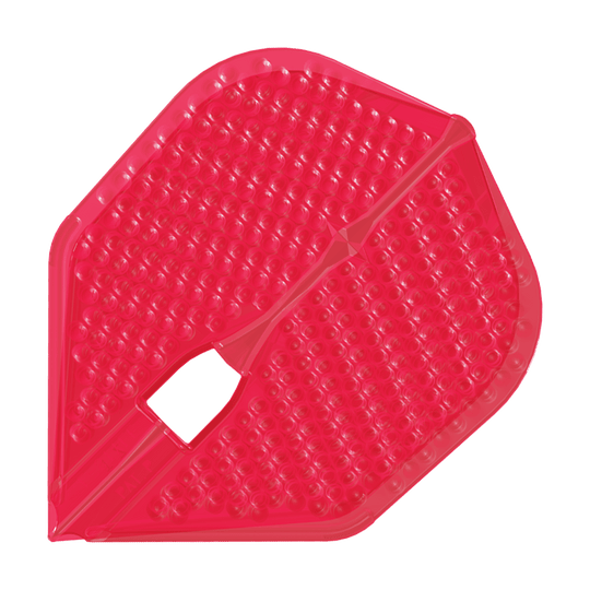Das Bild zeigt ein rotes Dartflight mit einer dimpled (genoppten) Oberfläche. Es handelt sich um das Produkt "L-Style Flights Dimple Champagne L3PRO Shape".