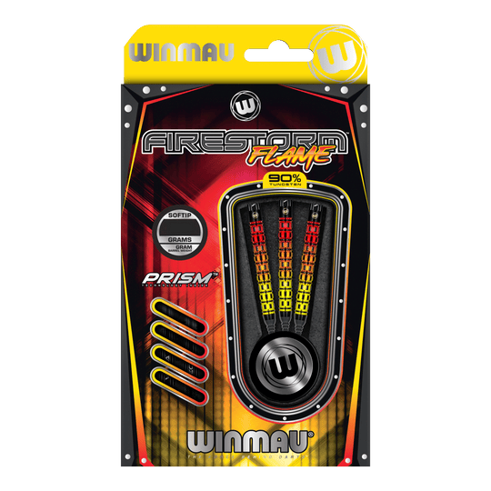 Dardos blandos paralelos Winmau Firestorm Flame - 20 g Das Bild zeigt eine Verpackung der "Winmau Firestorm Flame Parallel Softdarts - 20g". In der Packung befinden sich drei farbenfrohe Softdarts mit 90% Tungsten-Anteil.