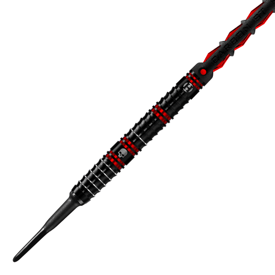Dardos blandos de metal pesado Ryan Searle de Harrow Der Harrows Ryan Searle Heavy Metal Softdart ist in Schwarz mit roten Akzenten gestaltet. Auf dem Dart befindet sich ein kleines Totenkopf-Symbol.