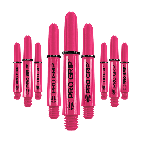 Varillas Target Pro Grip - 3 juegos - Rosa Das Bild zeigt neun pinkfarbene Dartschäfte mit der Aufschrift "PRO GRIP". Sie sind in drei Gruppen nebeneinander angeordnet.
