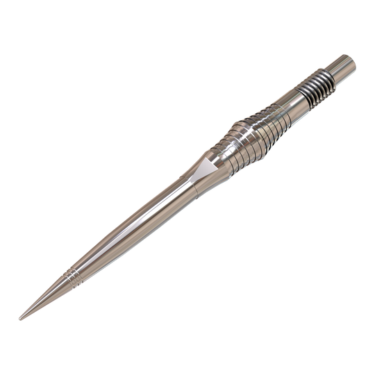 Puntas de dardo Harrows Quick Point Spire Elite Series - Plateadas Auf dem Bild sind einzelne silberne Dartspitzen zu sehen. Sie sind groß abgebildet und deutlich dargestellt.