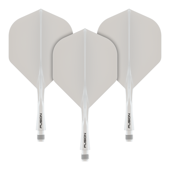 Das Bild zeigt drei weiße Dartflights mit integrierten Schäften. Auf den Schäften steht das Wort „FUSION“.