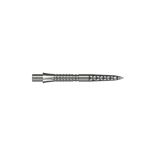 Abgebildet ist ein Steeldartspitze in silberner Farbe mit einer Länge von 26 mm. Das Bild stammt von der Datei M002127_Missoin_Caliburn_EVO_GV-Logo_Steeldartspitzen_Silber_26mm_2.