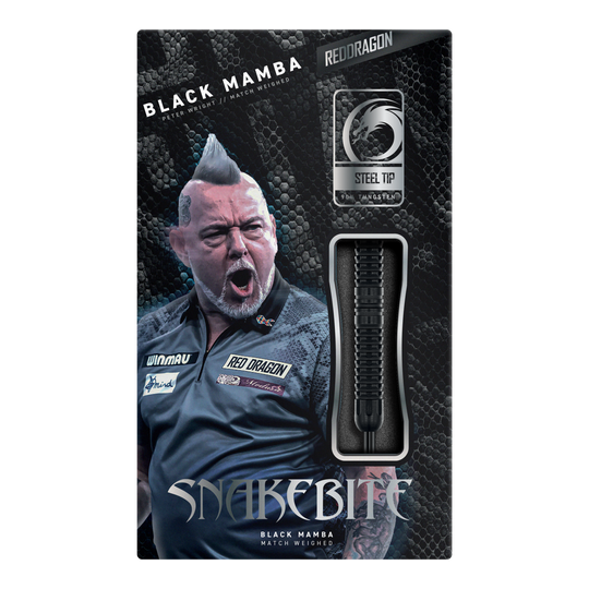 Red Dragon Peter Wright Snakebite Black Mamba Steeldarts, Nahaufnahme von mehreren Darts. Hochwertige Verarbeitung und modernes Design.