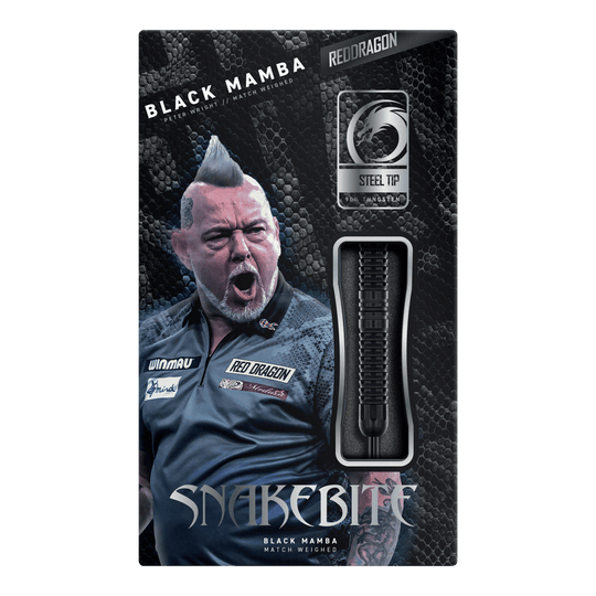 Dardos de acero Red Dragon Peter Wright Snakebite Black Mamba Red Dragon Peter Wright Snakebite Black Mamba Steeldarts, Nahaufnahme von mehreren Darts. Hochwertige Verarbeitung und modernes Design.