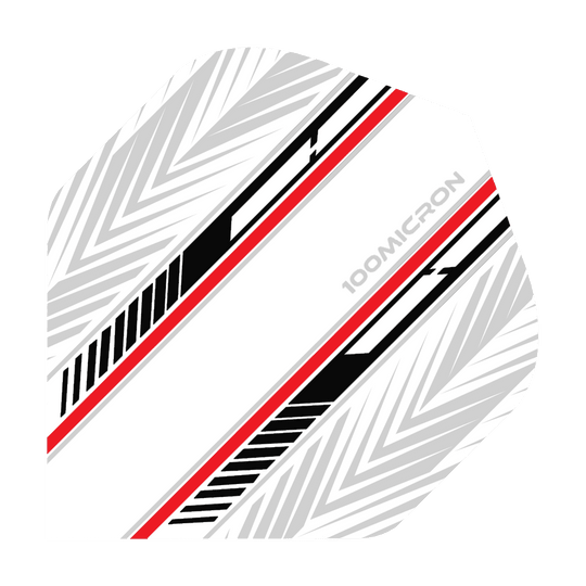 Vuelos de pentatlón blanco/negro/rojo Das Bild zeigt einen Pentathlon No2 Standard Flight in den Farben Weiß, Schwarz und Rot. Das Design besteht aus schrägen Linien und einem modernen Muster mit der Aufschrift „100 MICRON“.