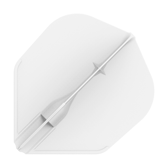 Vuelos L-L-Style3EZ Das Bild zeigt ein weißes Dartflight in einer einfachen, geometrischen Form. In der Mitte verläuft ein feiner, strukturierter Streifen mit einem kleinen Sternmotiv.