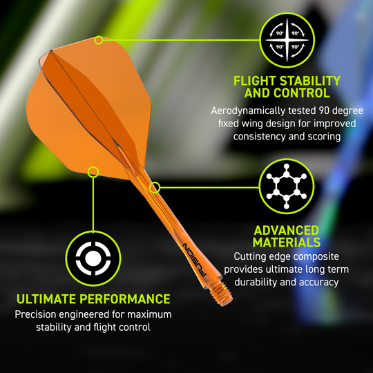 Sistema de eje de vuelo Winmau Fusion n.° 6 naranja neón Abgebildet ist das Winmau Fusion Flight-Shaft-System No6 Neon Orange. Dieses Dartzubehör verbindet Flight und Shaft in einem Teil.