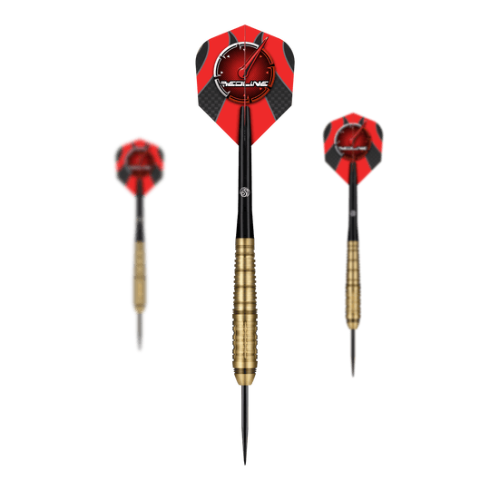 Dardos de acero Shot Redline Mach 1 Das Bild zeigt drei Steeldarts des Produkts "Shot Redline Mach 1". Die Darts haben rote Flights mit einem Logo und goldene Griffe.