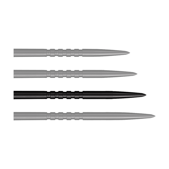 Puntas de dardos Shot Grip Point de acero - Negras Das Bild zeigt vier schwarze Stahlspitzen für Steeldarts, die nebeneinander liegen. Jede Spitze ist 38 mm lang und hat gerillte Griffzonen.
