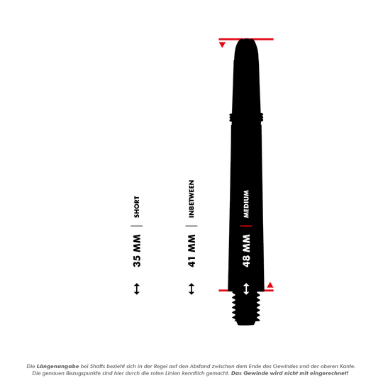 Flechas de carbono Shot Koi - Azul Das Bild zeigt drei verschiedene Längen von Koi Carbon Schäften: 35 mm (kurz), 41 mm (mittel) und 48 mm (lang). Die roten Linien markieren die Messpunkte, wobei das Gewinde nicht mitgerechnet wird.