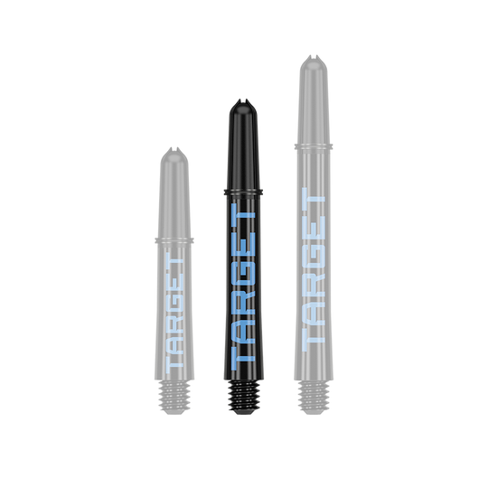 Varillas Target Pro Grip TAG - 3 juegos - Negro y azul Das Bild zeigt drei schwarze Dartschäfte in unterschiedlicher Länge mit blauer Aufschrift "TARGET". Sie sind in einer Reihe nebeneinander angeordnet.
