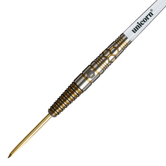 Dardos de acero Unicorn Hexium Style 03 dorados y negros Das Bild zeigt die Unicorn Hexium Style 03 Gold & Black Steeldarts. Die Steeldarts sind in goldener und schwarzer Farbe gestaltet.
