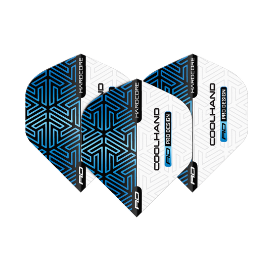 Vuelos estándar premium azul y blanco de Red Dragon Hardcore Luke Humphries Das Bild zeigt vier Dart-Flights in Blau und Weiß mit geometrischem Muster. Auf den Flights stehen die Wörter "HARDCORE", "COOLHAND" und "RD PRO DESIGN".