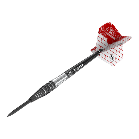 Dardos de acero Bulls Martin Schindler Original Generación 3 Das Bild zeigt einen Steeldartpfeil der Marke "Bulls Martin Schindler Original Generation 3". Der Dartpfeil hat eine schwarz-silberne Spitze und Flight mit rotem Mauer-Design.