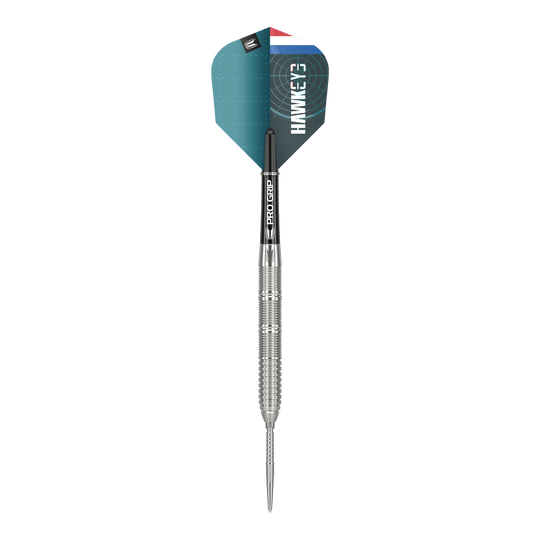 Diana Kevin Doets GEN1 Dardos de acero con punta suiza - 23 g Das Bild zeigt einen Target Kevin Doets GEN1 Swiss Point Steeldart mit einem Gewicht von 23 Gramm. Der Dart hat einen silbernen, geriffelten Barrel und eine blau-schwarze Flight mit der Aufschrift "HAWKEYE".