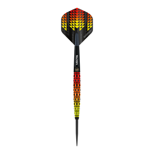 Dardos de acero cónicos Winmau Firestorm Flame Der Winmau Firestorm Flame Tapered Steeldart hat ein auffälliges Design mit gelben, orangefarbenen und roten Farbverläufen. Die Flights zeigen ein geometrisches Muster in denselben Farben und geben dem Dart ein flammendes Aussehen.