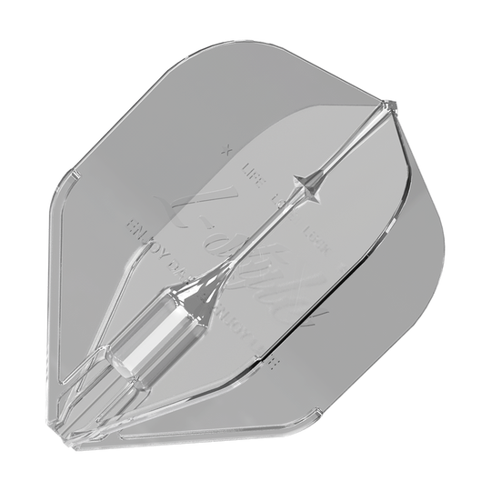 Plumas Fantom L1EZ estilo L transparentes Das Bild zeigt ein transparentes Dartflight des Modells "L-Style Fantom L1EZ Flights Clear". Das Flight hat eine klare, glänzende Oberfläche und eine spezielle Form für Stabilität beim Werfen.