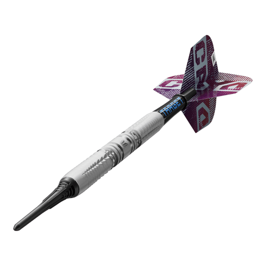 Dieses Bild zeigt die Target Cryo 12 Softdarts im Detail. Die Besonderheiten der Softdarts sind gut erkennbar.