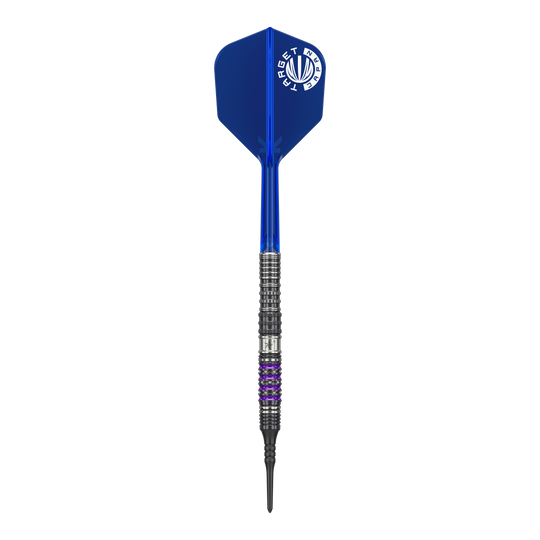 Dardos blandos Target Japan Prime Series Sirius GEN4 - 21,5 g Auf dem Bild ist ein Softdart aus der Serie "Target Japan Prime Series Sirius GEN4" mit einem Gewicht von 21,5g zu sehen. Der Dart hat eine blaue Flight und einen schwarz-silbernen Schaft mit lila Akzenten.