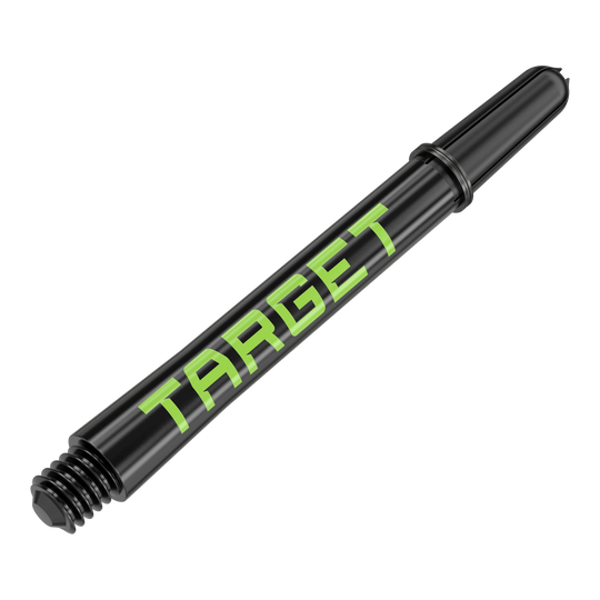 Varillas Target Pro Grip TAG - 3 juegos - Negro Verde Zwei Dart-Schäfte in harmonischer Anordnung werden präsentiert. Die Linie und das Profil der Produkte sind markant.