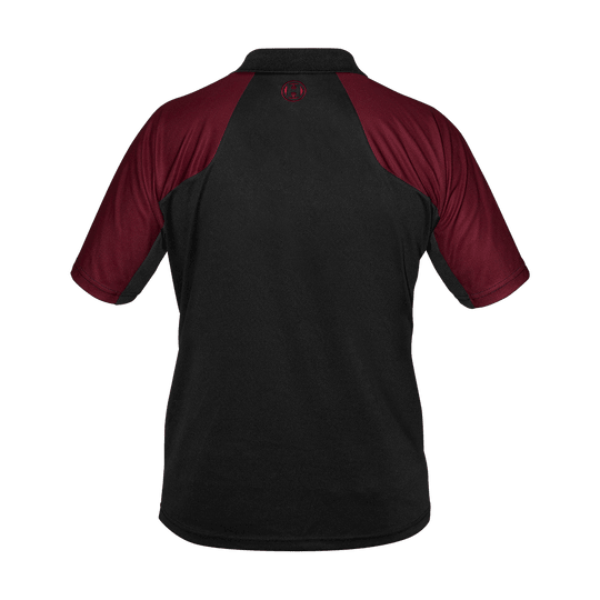 17737-Harrows-Vivid-Dartshirt-Black-DeepRed-2 Das Bild zeigt ein Dartshirt in Schwarz mit tiefroten Ärmeln. Das Shirt trägt den Namen "Harrows Vivid Dartshirt Black/DeepRed".