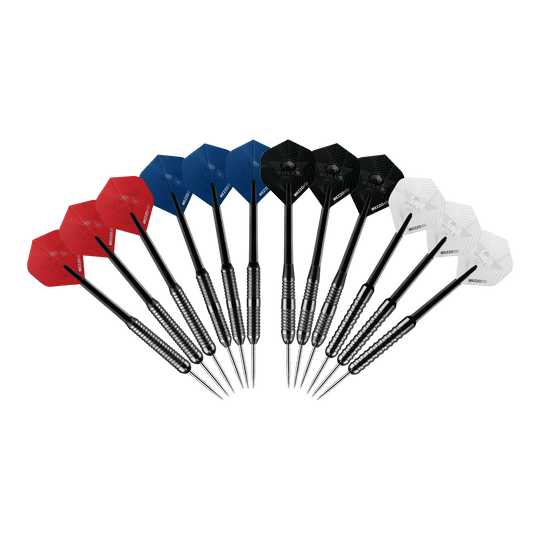 Paquete de dardos de acero Bulls NL - 4 juegos de dardos de acero de latón Abgebildet ist das Produkt Bulls NL Bundle Of Steel - 4 Sets Brass Steeldarts. Es sind vier Sätze Steeldarts aus Messing dargestellt.
