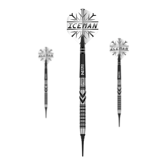 Dardos blandos Red Dragon Gerwyn Price Thunderbolt - 20 g Das Bild zeigt drei Softdarts des Modells "Red Dragon Gerwyn Price Thunderbolt - 20g". Auf den Flights steht "ICEMAN" und die Darts haben ein schwarz-silbernes Design.