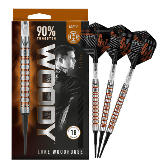 Dardos suaves Harrow's Luke Woodhouse Serie 2 - 18 g Das Bild zeigt die Harrows Luke Woodhouse Series 2 Softdarts mit einem Gewicht von 18 Gramm. Die Verpackung hebt hervor, dass die Darts zu 90 % aus Tungsten bestehen und für Softtip-Spiele geeignet sind.
