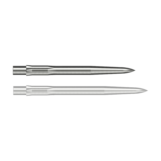 Puntas de dardos Caliburn System de acero - Lisas - Plateadas Auf dem Bild sind zwei silberne, glatte Stahlspitzen für Darts zu sehen. Sie sind länglich geformt und haben eine spitze Vorderseite.