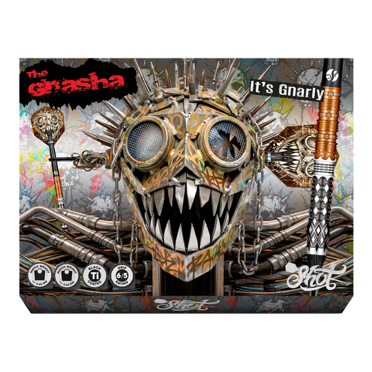 Dardos blandos Shot Gnarly Gnasha - 20 g Auf dem Bild befinden sich die Shot Gnarly Gnasha Softdarts - 20g. Die Darts sind für das Spielen mit elektronischen Dartboards geeignet.
