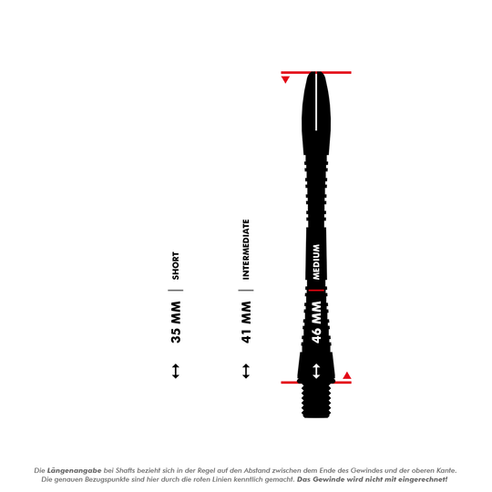7013_Winmau_Triad_Aluminium_Shafts_5_46mm Das Bild zeigt drei verschiedene Längen von Dart-Shafts: 35 mm (Kurz), 41 mm (Mittel) und 46 mm (Lang). Die Längenangabe bezieht sich auf den Abstand zwischen dem Ende des Gewindes und der oberen Kante, das Gewinde wird nicht mitgerechnet.