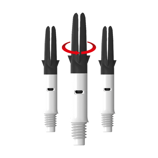 Flecha recta silenciosa de carbono estilo L - Blanca Das Bild zeigt drei weiße und schwarze Dartshafts nebeneinander. Über dem mittleren Shaft ist ein roter Pfeil, der eine Drehbewegung anzeigt.
