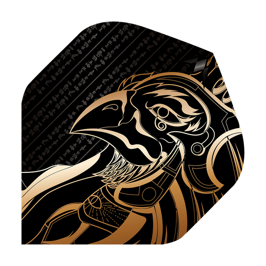 Das Bild zeigt das Produkt "Mission Solo Horus No2 Standard Flights" mit einem gold-schwarzen Design. Darauf ist ein stilisierter Horus-Kopf im ägyptischen Stil abgebildet.