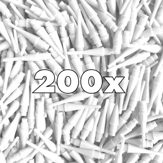 Das Bild zeigt viele weiße Softdartspitzen. In der Mitte steht groß die Anzahl "200x".
