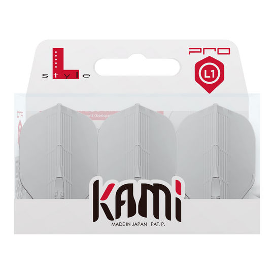 L-Style KAMI L1PRO Flights Das Bild zeigt eine Verpackung mit drei weißen Dartflights der Marke Kami. Auf der Verpackung stehen "L-Style", "PRO" und "Made in Japan".