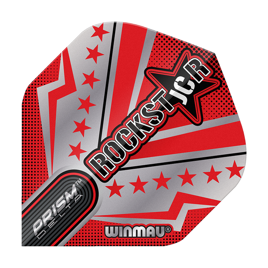 Vuelos estándar Winmau Prism Delta Joe Cullen Rockstar Series No2 Das Bild zeigt ein Dartflight mit auffälligem roten und silbernen Design und mehreren Sternen. In der Mitte steht groß das Wort „ROCKSTAR“ neben einem Stern, darunter befinden sich die Markenaufschriften „PRISM DELTA“ und „WINMAU“.