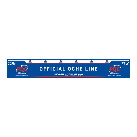Línea de lanzamiento Winmau PDC Das Bild zeigt die Winmau PDC Abwurflinie in Blau mit weißer Schrift. Auf der Linie steht „OFFICIAL OCHE LINE“ sowie die Entfernungsangaben 2,37 m und 7’9 1/4’’.