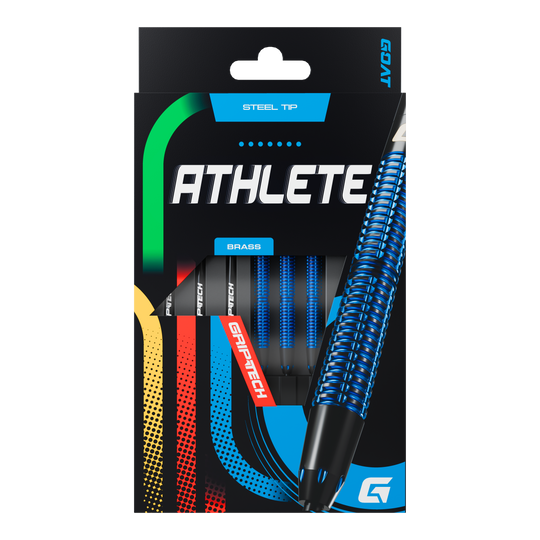 Dardos GOAT Athlete de latón azul - 12 g Die Abbildung zeigt die Verpackung der GOAT Athlete Blue Brass Steeldarts mit einem Gewicht von 12g. Auf der Verpackung sind blaue, strukturierte Darts sowie die Aufschrift "ATHLETE" und "GRIPTECH" zu sehen.
