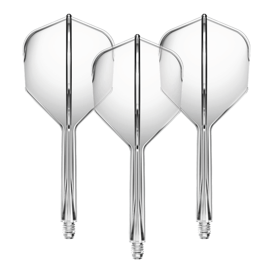 Sistema de eje de vuelo GOAT A1R No6 - Transparente Auf dem Bild sind drei transparente Dartflights mit integriertem Schaft zu sehen. Sie sind nebeneinander angeordnet und haben eine klare, mittelgroße Form.
