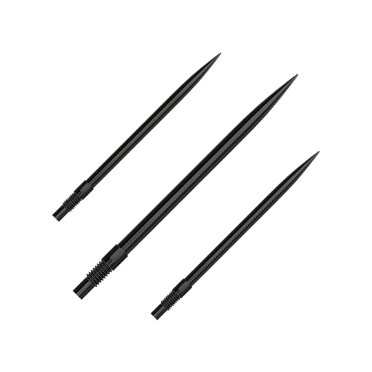 Ein Set aus schwarzen QuickPoint Dartspitzen mit 40 mm Länge. Die Dartspitzen liegen auf einer neutralen Oberfläche.