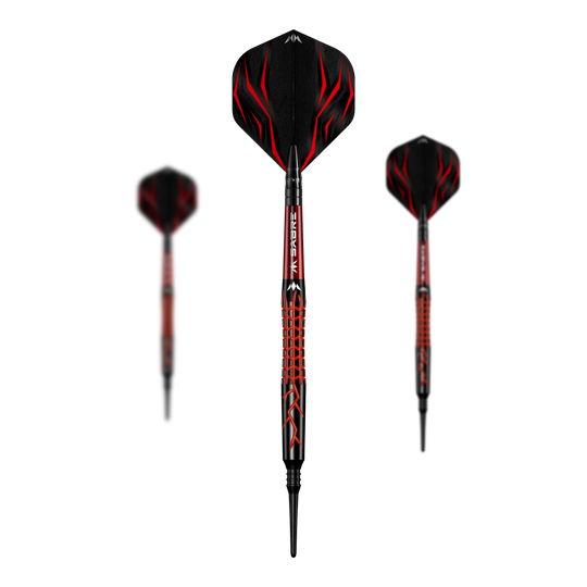 Dardos blandos Mission Lava - 20 g Das Bild zeigt den Mission Lava Softdart mit einem Gewicht von 20g. Der Dart hat ein schwarzes Design mit roten Akzenten und einem auffälligen Muster auf dem Schaft.