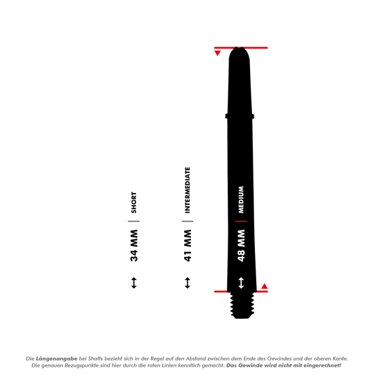 110181_Target_Pro_Grip_Shafts_5_48mm_3Varianten7ziIdQsXmzFaF Das Bild zeigt drei verschiedene Längen von Dartshafts: 34 mm (Short), 41 mm (Intermediate) und 48 mm (Medium). Die Maße beziehen sich auf den Abstand zwischen dem Ende des Gewindes und der oberen Kante, welche durch rote Linien markiert sind.