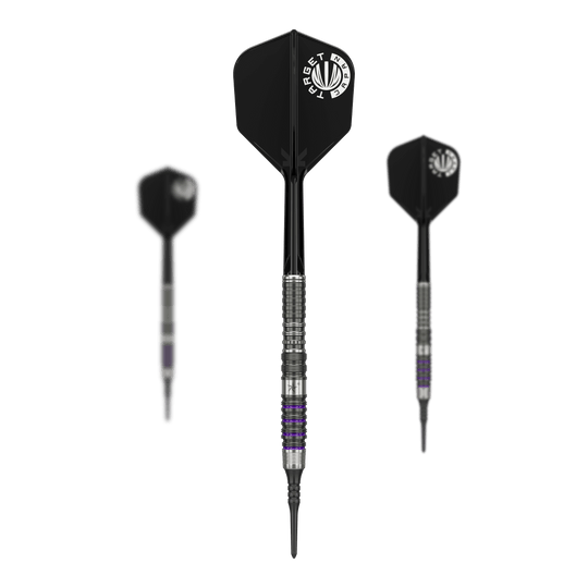 Dardos blandos Target Japan Prime Series Yuta Hayashi Sirius GEN3 MAX - 21,5 g Das Bild zeigt drei Softdarts aus der Serie "Target Japan Prime Series Yuta Hayashi Sirius GEN3 MAX" mit einem Gewicht von 21,5g. Die Darts haben schwarze Flights mit weißem Aufdruck und einen silbernen, detailliert gearbeiteten Barrel.